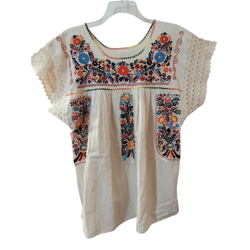 5624)Traditional Mexican Floral Embroidery Handmade Cotton Peasant Boho Top M/L? - Picture 2 of 7